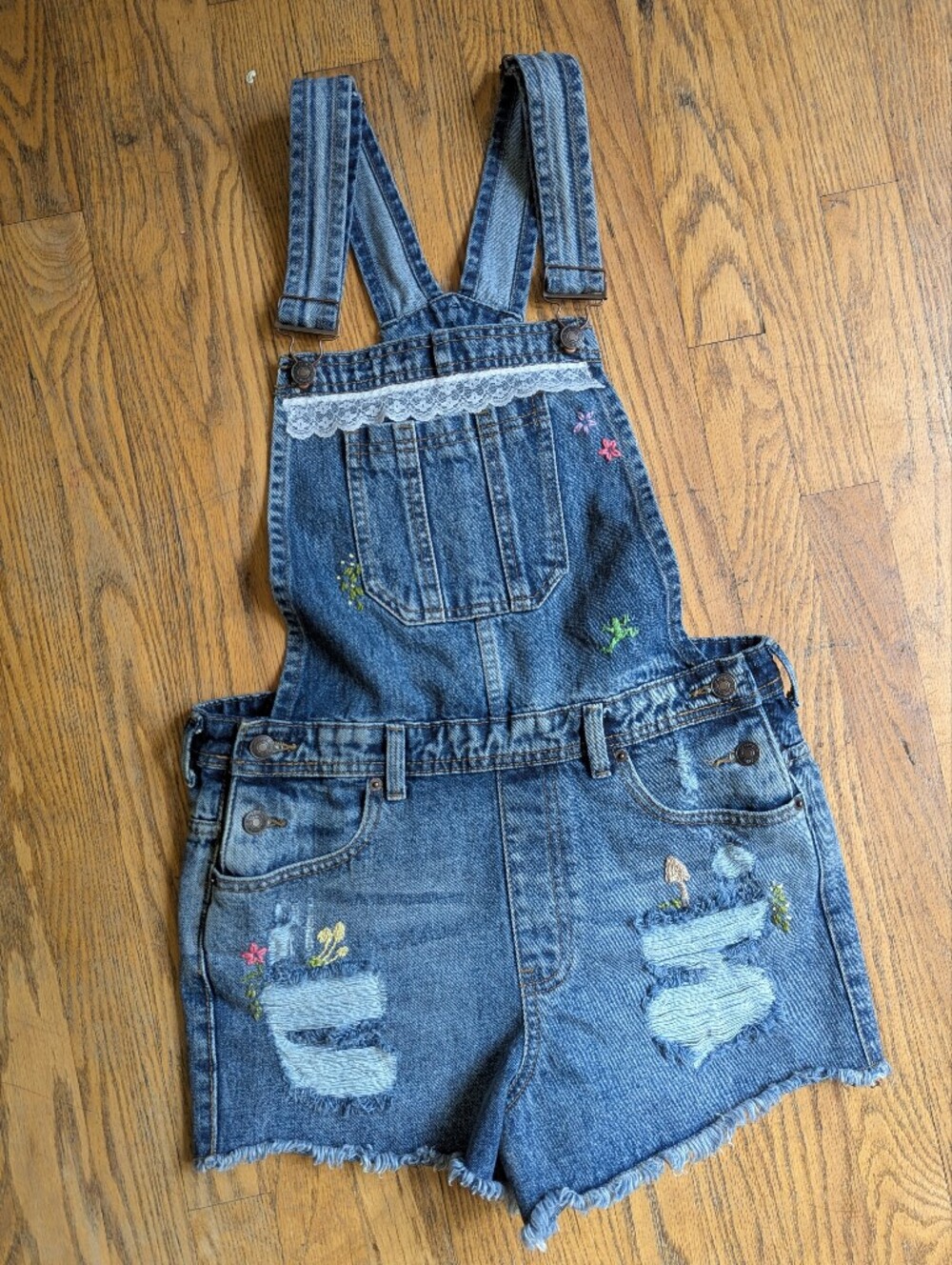 Hand Embroidered Reworked Forever21 Distressed Denim Short Overalls - Blue